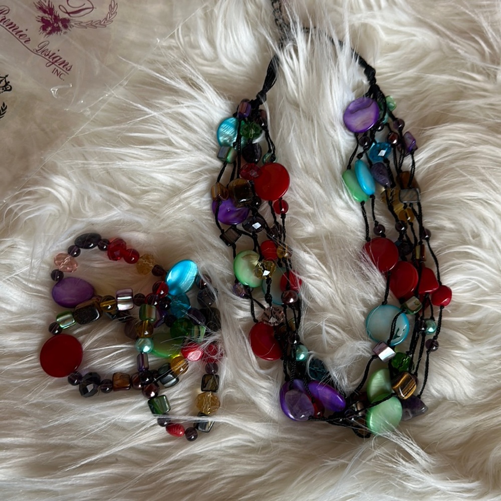 Premier Designs "Spectrum" colorful 7-strand necklace with matching bracelets